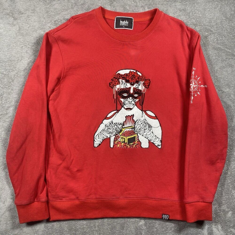 DenimiCity Mosaic Sweater Mens XL Lady Of Tulum Red Crew Neck Embroidered‎